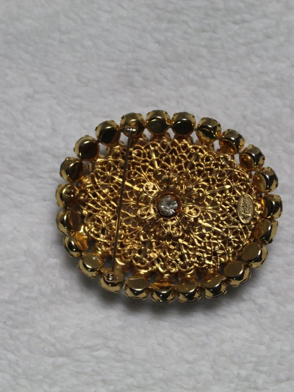 Vtg Signed Vendome Gigantic White Oval Lustrous Shell Black Clear Crystal Brooch